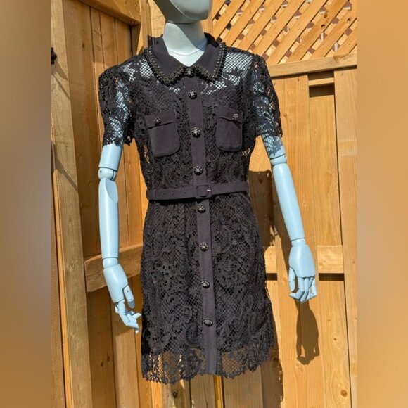 🆕 SELF PORTRAIT 🧿 NWOT Black Lace Button Front Mini Dress, Sz UK 14 US 10 - Picture 2 of 16